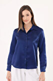 Kadın Hafif Dökümlü Lacivert Saten Gömlek