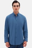 D'S Damat Ds Damat Comfort Indigo Düğmeli Yaka Rahat Kesim Keten Görünümlü  Pamuk Gömlek 2HC02ORT64265