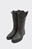 Hakiki Deri Bilekte Fermuarlı Kadın Diz Altı Çizme