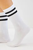 Bambu Tenis Çizgili Premium  Kolej Çorabı Unisex Beyaz Dikişsiz Soket Çorap 3'lü Paket