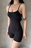 Kadın Siyah Sırt Dekolteli Çapraz Bant Askılı Dar Kesim Toparlayıcı Yoga Pilates Tayt Spor Tulum