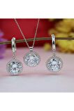Beyaz Zirkon Taşlı Yuvarlak Gümüş Kolye Küpe Takım