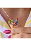 Kadın Altın Turkuaz Taşlı Mineli Rengarenk Horoz  925 Ayar Gümüş Kolye