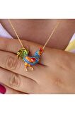Kadın Altın Turkuaz Taşlı Mineli Rengarenk Horoz  925 Ayar Gümüş Kolye