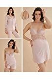 Kadın Pudra 6'lı Penye Kısa Gecelik Sabahlık Şortlu Pijama Takımı R.o.z.4.6.2.5.e.l.t