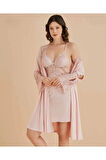 Kadın Pudra 6'lı Penye Kısa Gecelik Sabahlık Şortlu Pijama Takımı R.o.z.4.6.2.5.e.l.t