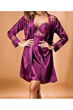 Kadın Mor  Kaplı Kimono Sabahlık Gecelik Takım N.UR.5.3.R.O.8.4.Z.E.L.T.
