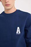 Lacivert New Regular Fit Bisiklet Yaka Baskılı Kalın Kumaş Sweatshirt