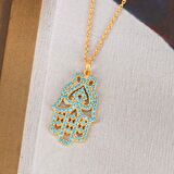 Turkuaz Zirkon Taşlı Pırlanta Montür Altın Kaplama Fatmanın Eli Gümüş Kolye