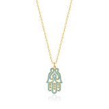 Turkuaz Zirkon Taşlı Pırlanta Montür Altın Kaplama Fatmanın Eli Gümüş Kolye