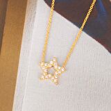 Zirkon Taşlı Pırlanta Montür Yıldız Desenli Altın Kaplama Gümüş Kolye