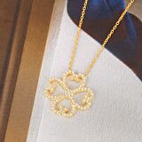 Zirkon Taşlı Pırlanta Montür Kalp Desenli Çiçek Altın Kaplama Gümüş Kolye