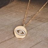 Zirkon Taşlı Pırlanta Montür Altın Kaplama Göz Desenli 11.8 mm Yuvarlak Desenli Gümüş Kolye