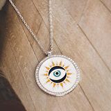 Zirkon Taşlı Pırlanta Montür Mineli Göz Deseneli Gümüş Kaplama Gümüş Kolye