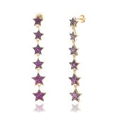 Kırmızı Taşlı Sıralı Altı Yıldız Altın Kaplama Gümüş Küpe