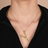 Altın Kaplama Bambu Desenli Y Harfi Gümüş Kolye