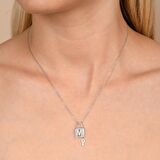 Zirkon Taşlı Pırlanta Montür Gümüş Rengi Kaplama Anahtarlı Kilit M Harfi Gümüş Kolye