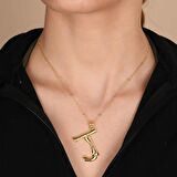 Altın Kaplama Bambu Desenli I Harfi Gümüş Kolye