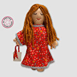 Uretti - Selin 8435 - El Yapımı Çiçek Desenli Kırmızı  Elbiseli Bez Bebek 32cm