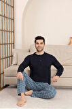 Erkek 3 Düğmeli Ekose Desenli Pamuk Likra Mevsimlik Modal Uzun Kol Manşetli Cepli Pijama Takımı
