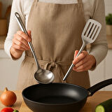 4'lü Çelik Kepçe, Süzgeç, Servis Kaşığı, Spatula Mutfak Yemek Hazırlama Servis Seti