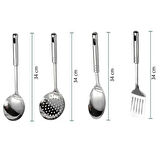 4'lü Çelik Kepçe, Süzgeç, Servis Kaşığı, Spatula Mutfak Yemek Hazırlama Servis Seti