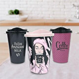 3’lü Dekoratif Kapaklı Kahve Bardağı Seti Sızdırmaz Plastik Termal Muhafaza Bardak