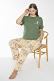 Yeşil Çiçek  Desenli Modal Pamuklu Kısa Kol Büyük Beden  Pijama Takım
