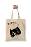 Cat Meow Kedi Beyaz Bez Çanta Uzun Saplı Alışveriş Çantası Plaj Çantası
