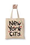 New York City Beyaz Bez Çanta Uzun Saplı Alışveriş Çantası Plaj Çantası