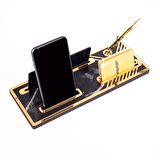 Leona Mermer Gold Ahşap Masa İsimliği Kalemli Telefonluklu Kartvizitlik İsimlik Masa Organizer