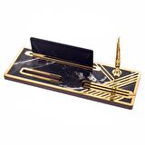 Leona Mermer Gold Ahşap Masa İsimliği Kalemli Telefonluklu Kartvizitlik İsimlik Masa Organizer