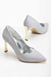 Kadın Gümüş Saten Sivri Burun İnce Topuklu Stiletto