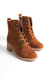 LENA Bağcıklı Fermuarlı Ortopedik Taban Topuklu Süet Kadın Bot STT - Taba