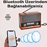Nostaljik Radyo Bluetooth Hoparlör Led Işıklı Saatli Sd Kart Usb Aux Girişli Şarjlı K-105 RADYO_KAHVERENGİ