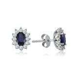0.48ct Pırlantalı Oval Safir Taşlı Küpe-18k
