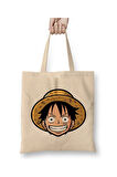 One Piece Hasır Şapkalı Luffy 01 Beyaz Bez Çanta Uzun Saplı Alışveriş Çantası Plaj Çantası