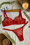 Kırmızı Kalp Desenli Şeffaf Dantel Sütyen Külot Takım