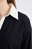 DeFacto Regular Fit Gömlek Yaka Etek Ucu Detaylı Uzun Kollu Siyah Sweathirt Tunik D0390AX24AUBK81