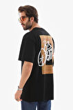Unisex Bisiklet Yaka Baskılı Oversize T-Shirt - Siyah