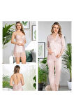 Kadın Ekru Saten Gecelik Sabahlık Pijama Takım Şort Takım 6'lı Set J.ER.3.R.O.Z7.0.E.L.T.