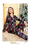 Nilay 5004 Kadın Sıyah Önden Düğmeli Saten Yeni Yıl Temalı Pijama Takımı