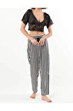 Kadın Siyah Saten Çizgili Pijama Takımı N.İ.L.R.O.Z5.E.0.L.5.T.2T.T