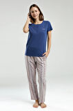 Kadın İndigo Cepli Kısa Kollu Pijama Takımı R.O.8.9.Z.E.5.6..L.T.