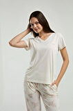 Kadın Ekru V Yaka Viskon Cep Detaylı Pijama Takımı