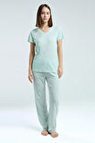 Kadın Mint V Yaka Viskon Cep Detaylı Pijama Takımı