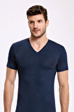 Erkek Lacivert V Yaka T-Shirt 2'li Bambu Likralı