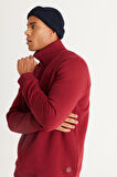 Erkek Bordo Standart Fit Normal Kesim Içi Polarlı Bato Yaka Pamuklu Sweatshirt