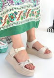 Luno Bej Cilt Kemerli Ortopedik Sandalet 5 cm Topuk Poli Taban