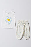 Kız Bebek Çocuk Beyaz Papatya Desenli Pantalonlu Takım